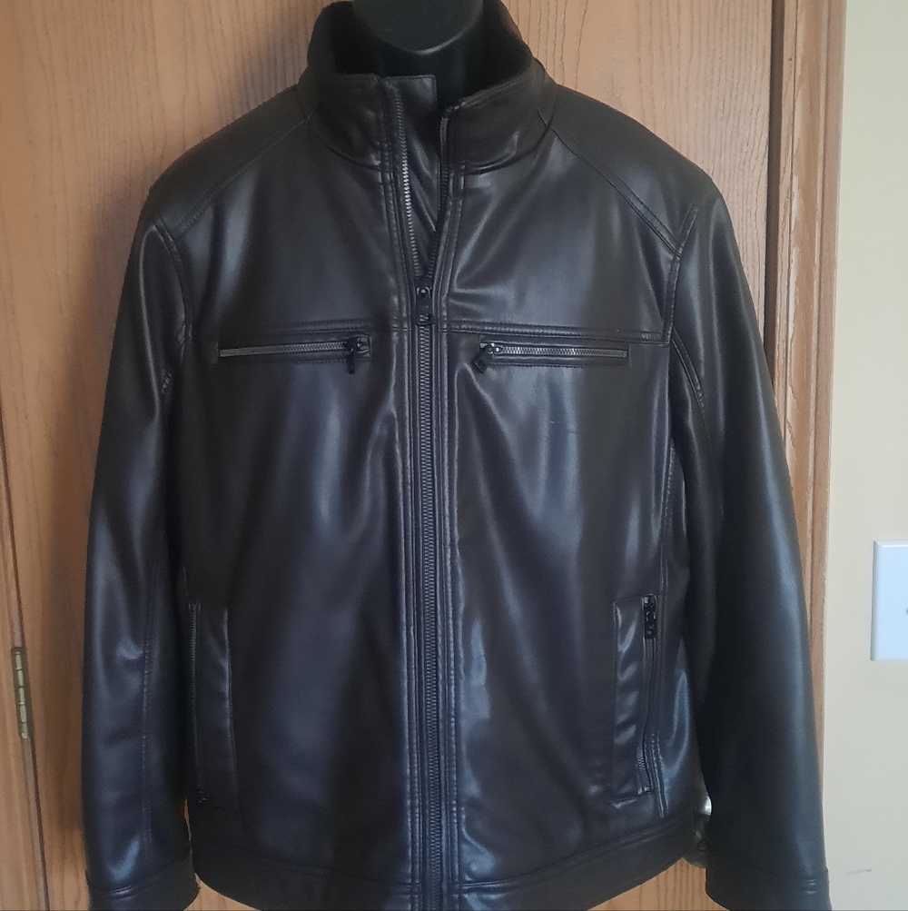 Calvin Klein Mens Dark Brown Faux Leather Bomber Jacket